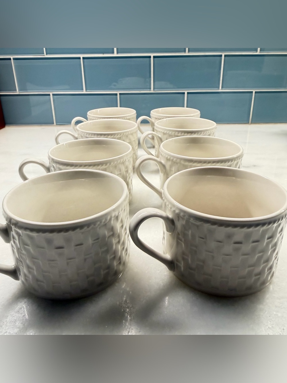Westerly Basket Stoneware Mugs Set of 8 Ivory Cream Woven Texture Coffee Cups